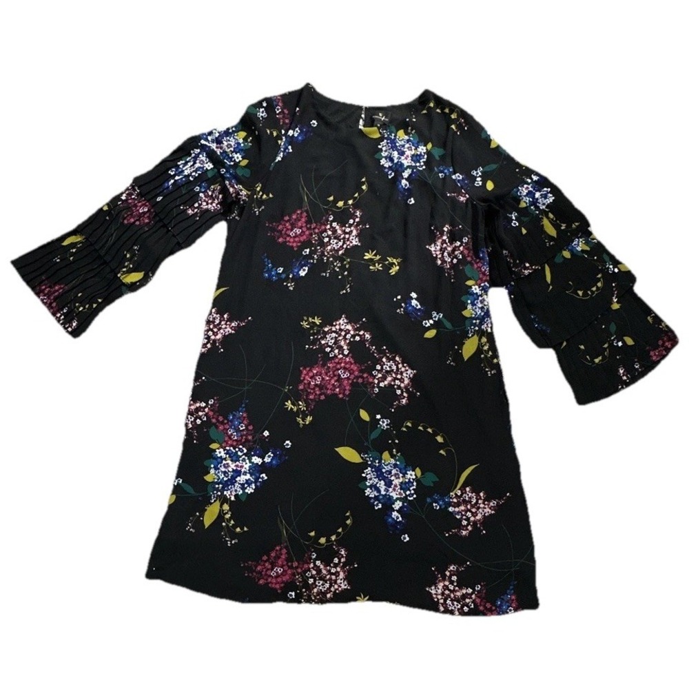 Worthington Women's Black Multicolor Floral Shift Dress Pleated Bell Sleeve 12